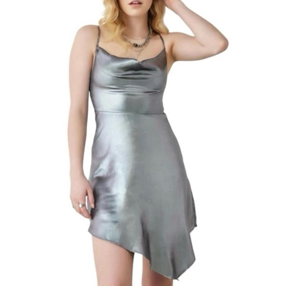 URBAN OUTFITTERS UO Womens M Shiny Satin Asymmetrical Mallory Dress NWT Silver